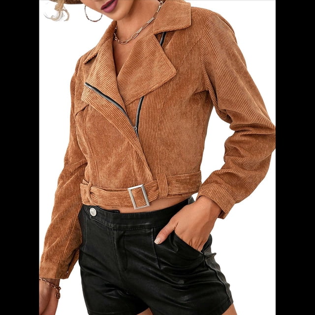Chaqueta Corta de con Cinturón para Mujer, Chaqueta de Moto, Abrigo Caqui L