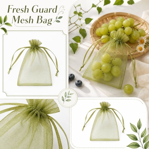 100Pcs Fruit Protection Bags, Green Netting Cover Bags Drawstring Mesh Fruit Protectors Pest Barrier for Tomato Mango Trees Veggies Garden(M,Army Green)