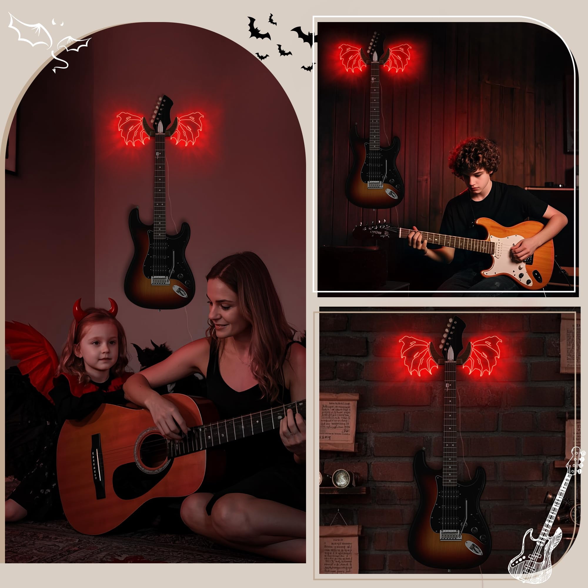 Guitar Stand Wall Mount With Luminous Devil Wings  Acrylic Wooden Hanger Shelf Usb Powered For Acoustic Electric Bass Ukulele Gift Music Lovers Players