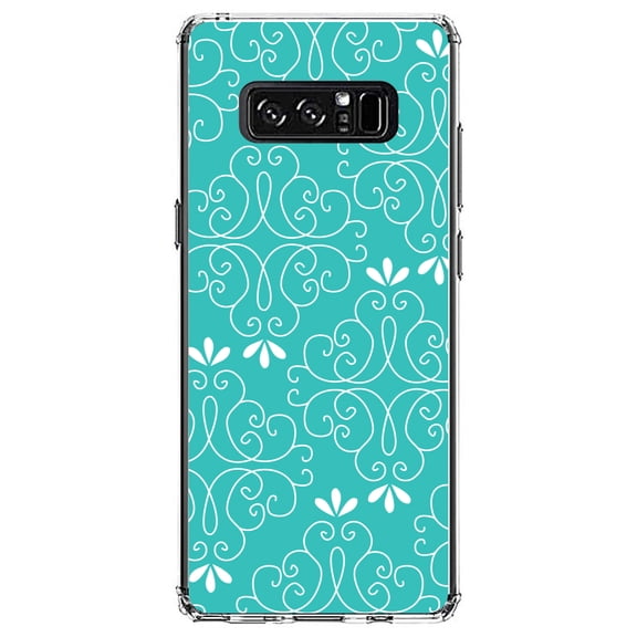 DistinctInk Clear Shockproof Hybrid Case for Samsung Galaxy Note 8 - TPU Bumper, Acrylic Back, Tempered Glass Screen Protector - Teal White Floral