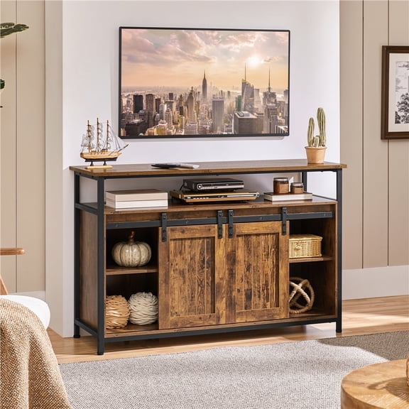 Yaheetech Industrial TV Cabinet with Sliding Barn Doors for 55-inch TV, Rustic Brown