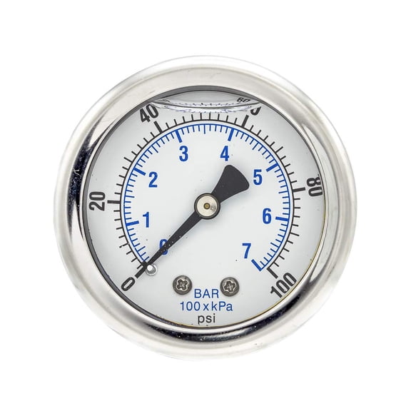 JessieMal 202L-204E Center Back Mount Glycerine Filled Pressure Gauge w/ SS Case/Bezel, Brass Internals, PC Lens, 2" Dial, 0/100 psi Range, 1/4" Male NPT