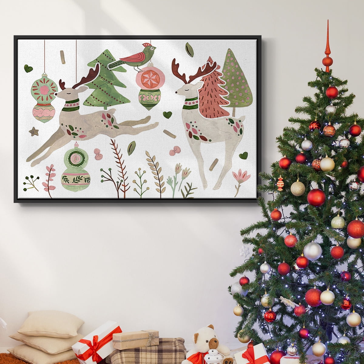 Reindeer Wishes Collection A - Framed Gallery Wrapped Holiday Canvas - 25 x 37 - Black Frame