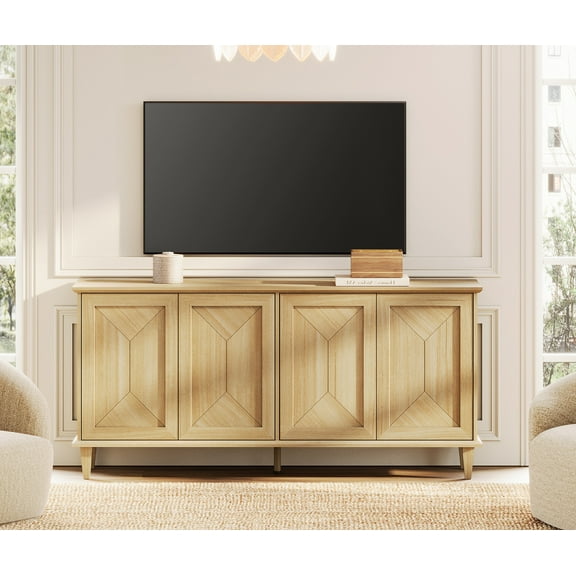 WAMPAT 65-inch Modern Farmhouse TV Stand Entertainment Center for 55-75 inch TVs, Handcrafted Patchwork Console Table with Cable Management & Adjustable Storage Shelves, Natural Oak