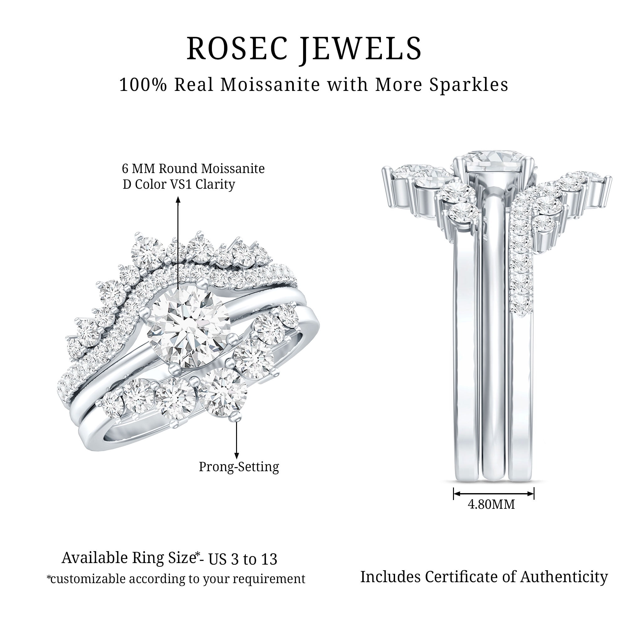 Rosec Jewels Certified Moissanite 3 Piece Wedding Ring Set for Women - Moissanite Engagement Ring with Enhancer - D-VS1 Quality, 10K White Gold, US 4.50