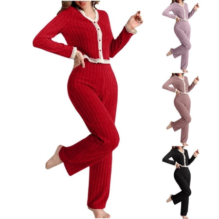 Bxsruta Women s Comfortable Two-Piece Lounge Set: Long Sleeve Ribbed Button Top with Elastic-Waist Straight-Leg Pants for Casual Wear