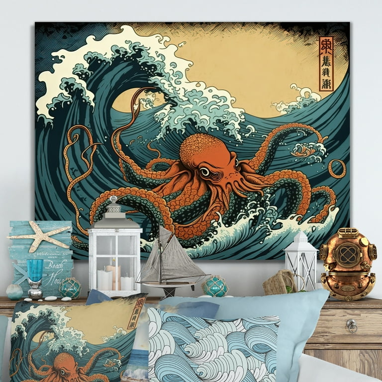 Designart Japanese Landscape With Octopus III Canvas Wall Art
