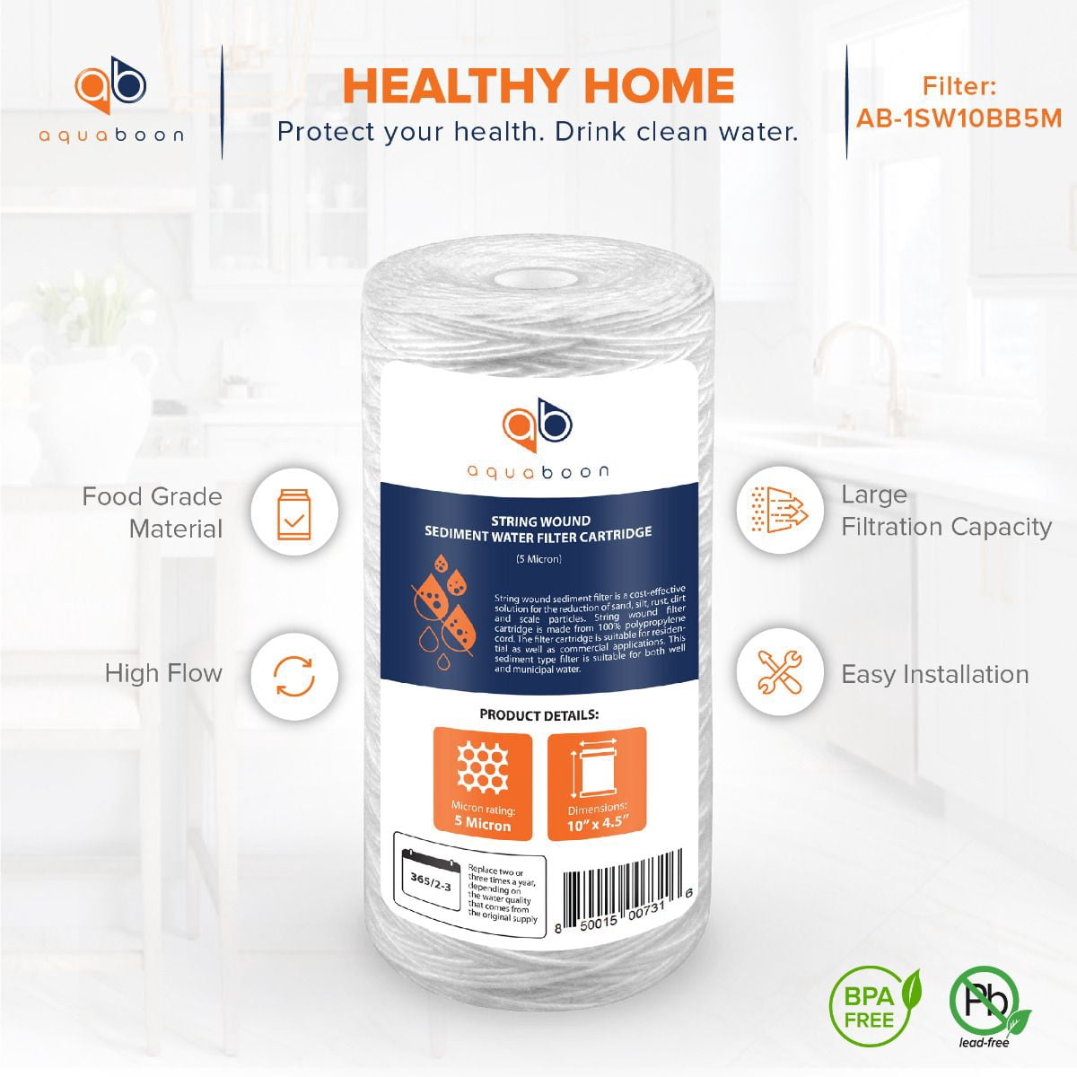 Aquaboon 5 Micron 10" String Wound Sediment Water Filter Cartridge | Whole House Sediment Filtration | Compatible with 84637, WPX5BB97P, PC10, 355214-45, 355215-45, WP10BB97P WP5BB97P 6-Pack