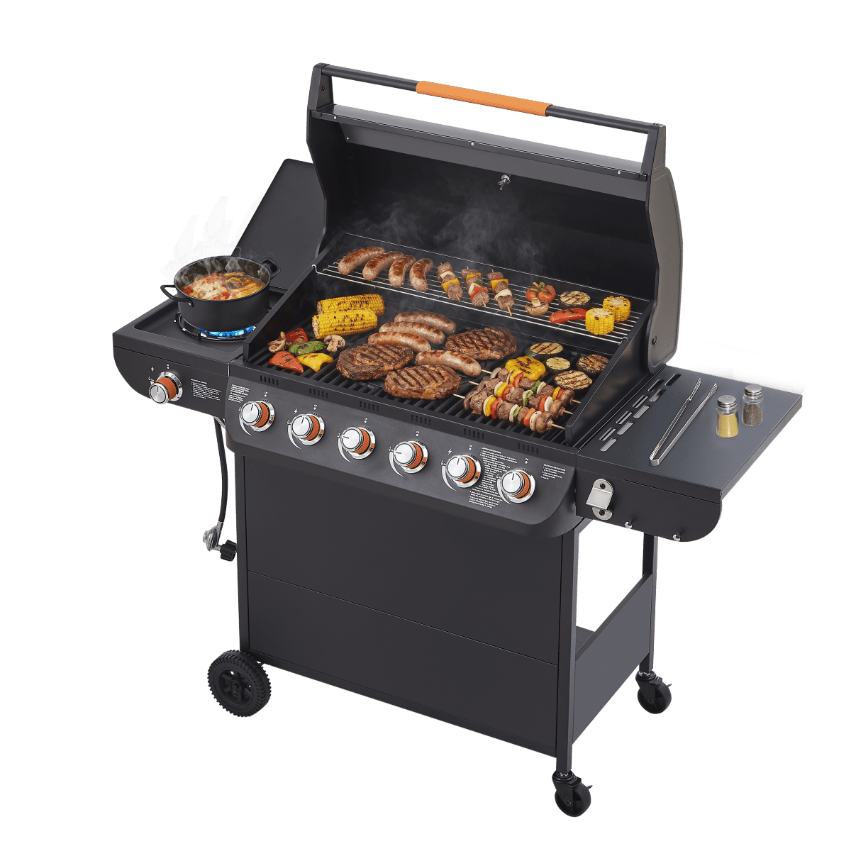6-Burner Propane Gas Grill: 72000 BTU Power, 650 Sq.In Cooking Space, Side Burner, Cast Iron Grates for Outdoor Patio, Backyard Family Barbecues