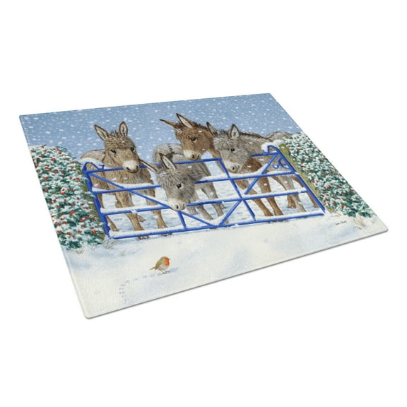 Caroline's Treasures Donkeys and Robin at the Fence Glass Cutting Board Large