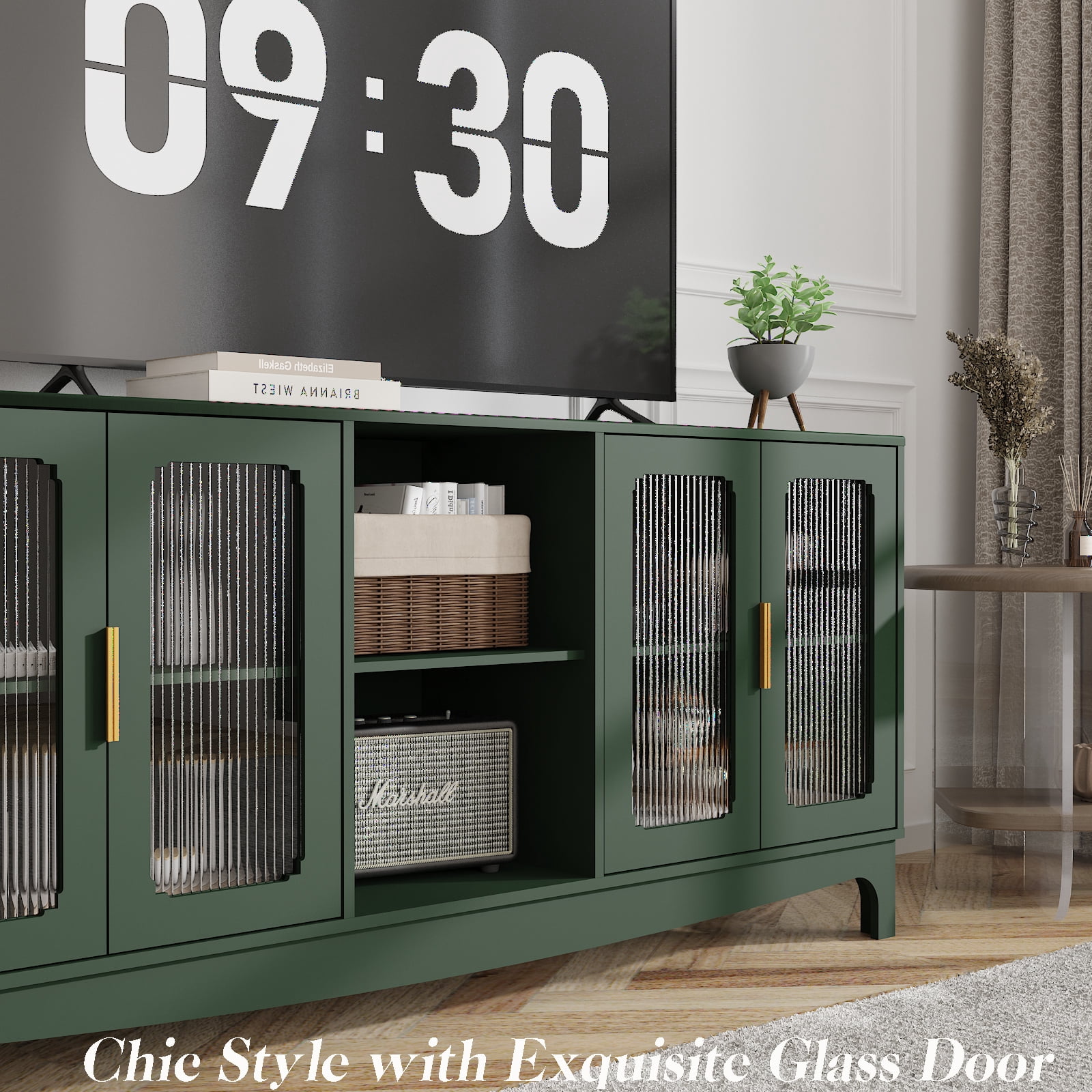ZOSQUARE Modern TV Stand for TVs up to 75", 65" Entertainment Center with 4 Fluted Glass Doors and Open Shelves, Mid-Century Media Console, Green TV Table for Living Room, Bedroom