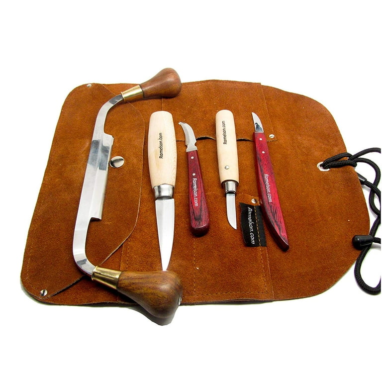 5pc Wood Carving Knife Set and Custom Leather Tool Roll Carrying Case-  Whittling Caricature Chip Hook Bench Draw-Knife, Professional Wood-Working  Kit