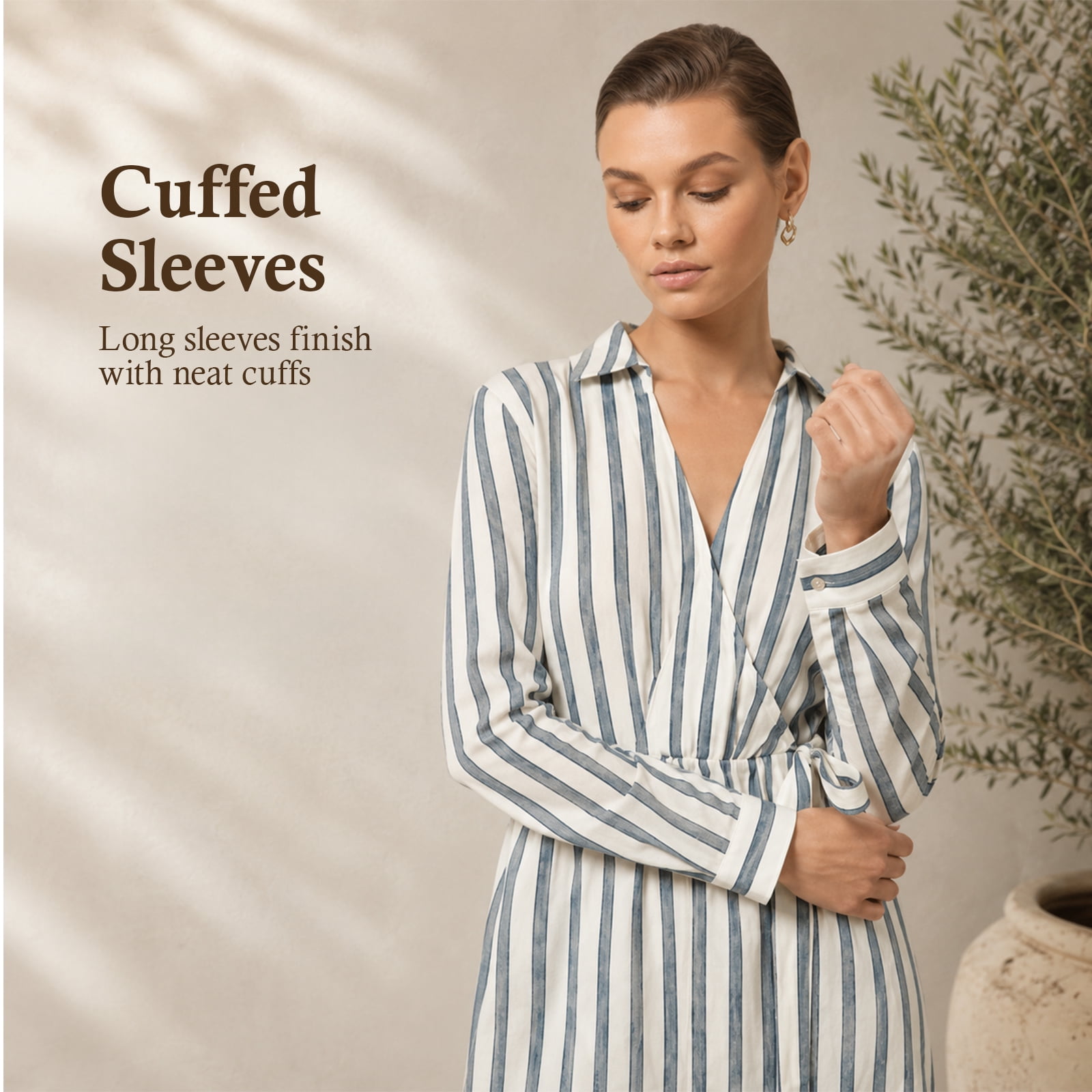 Alvantor Women's Striped Shirt Dress, Long Sleeve Collared Wrap Midi, Rayon Cotton Blend, White Blue Stripe