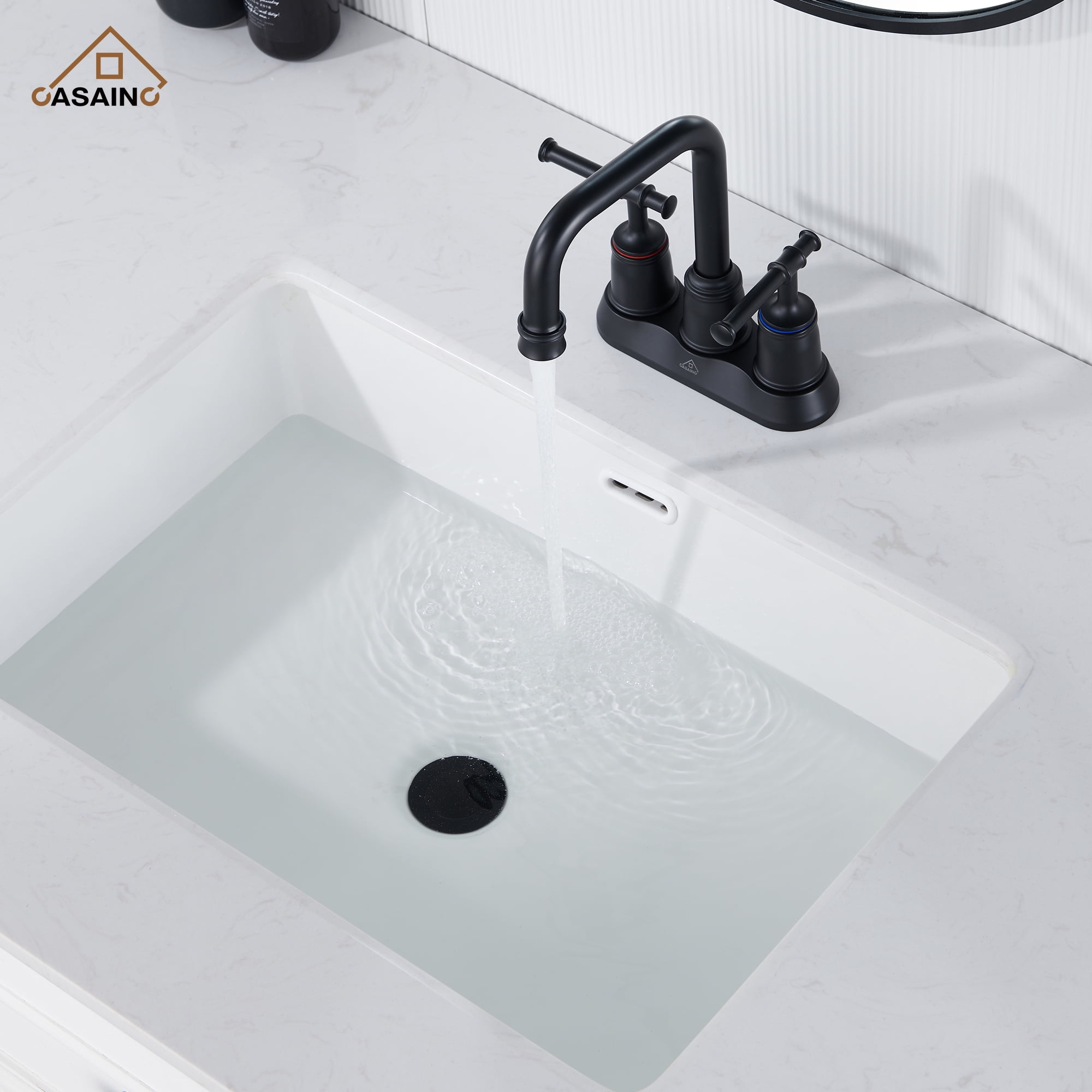 CASAINC 4 in. Centerset Double Handle 2 holes Bathroom Sink Faucet Lavatory Faucet with Stainless steel Drain in Matte Black