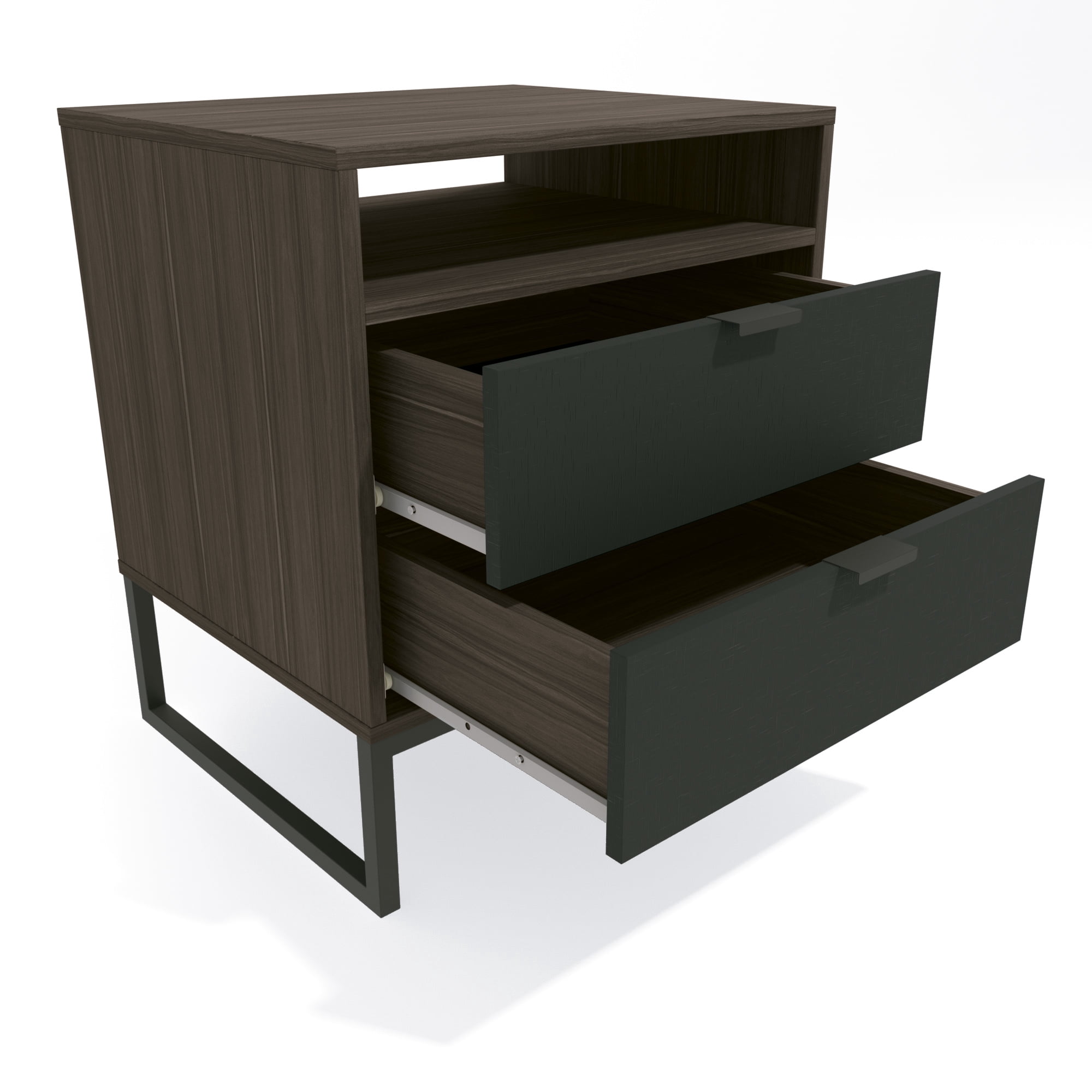 Kappesberg Collins 2-Drawer Nightstand with Open Shelf, Metro Brown & Black, Mid-Century Modern - for Adults and Teens