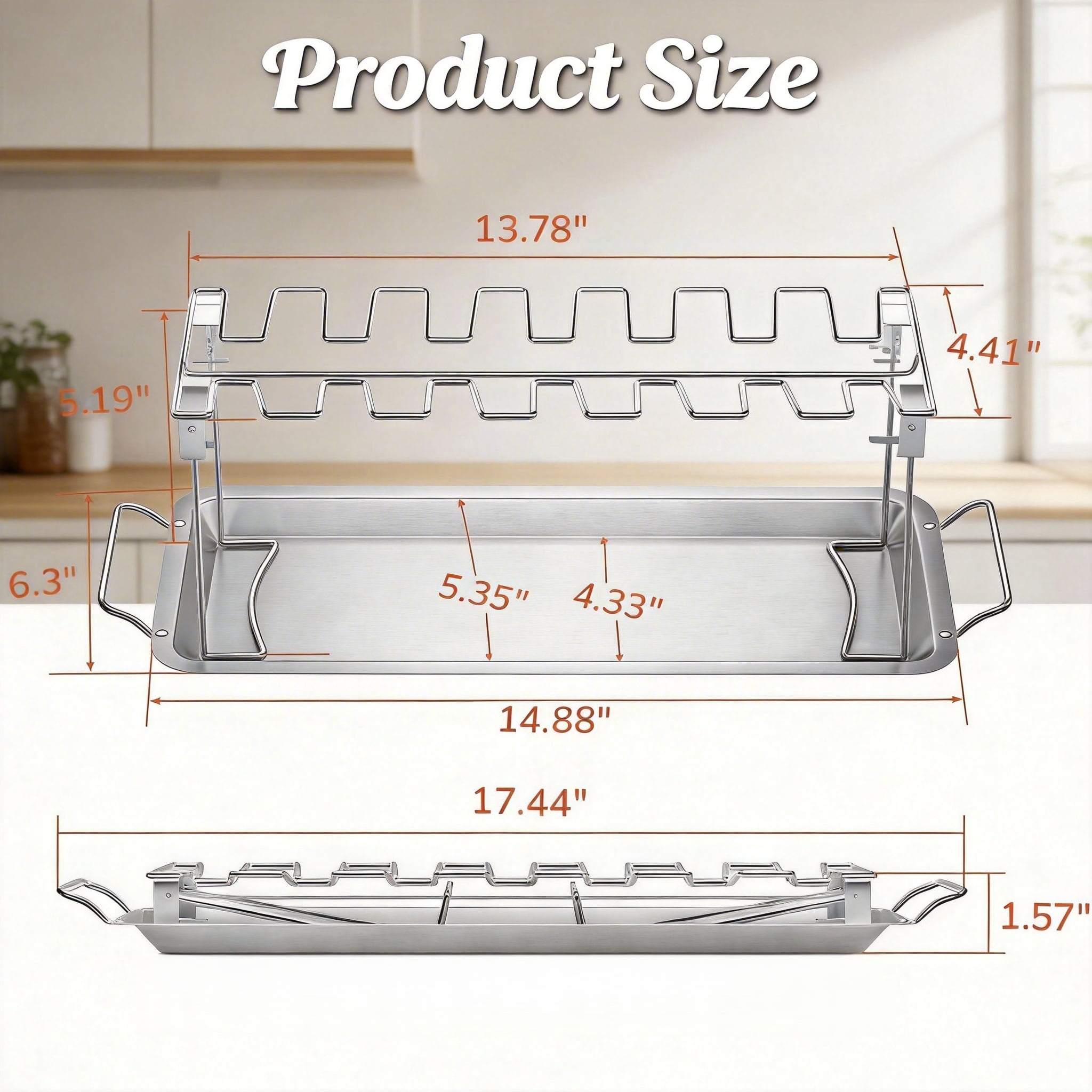 14-Slot Stainless Steel Chicken Leg and Wing Rack for Grill or Oven, Foldable Roasting Stand with Removable Drip Pan, Dishwasher Safe BBQ Tool for Camping and Parties