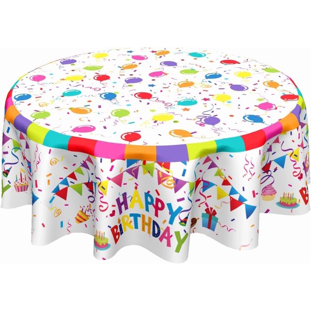 Happy Birthday Tablecloth Round 60 Inch Colorful Balloons Flags Stars Table Cloths Circle Cake Gifts Table Cover Washable Wipeable Polyester Tabletop for Dining Kitchen Picnic Party Decor