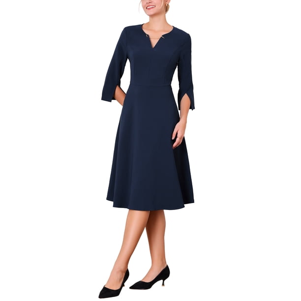 Vestido de mujer con vuelo Inspire Chic, escote en V, manga 3/4, elegante, corte A, vestido de trabajo 2XL azul marino