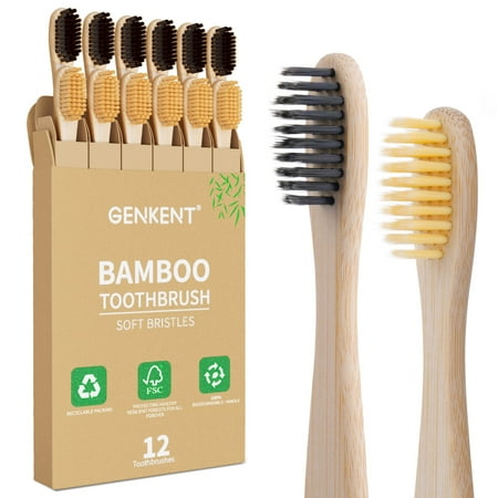 GENKENT Bamboo Toothbrushes, 12 Pack BPA Free Soft Bristles Toothbrushes with Individually Wrapped, Eco-Friendly, Natural, Compostable Wooden Toothbrushes