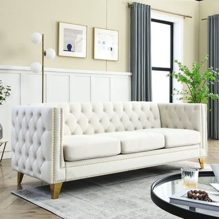 Elegant Couch: Velvet Upholstery With Metal Legs And Soft Seat Padding Modern Bedroom Upholstered Square Arms For Relax