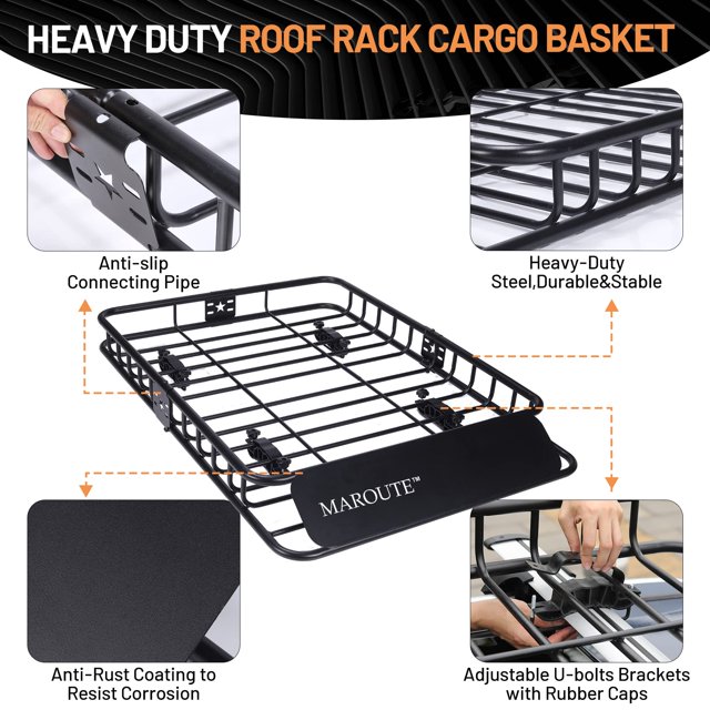 Portaequipajes de techo global – Cesta de carga 46"x36"x4.5" – Acero resistente – Capacidad 200 lbs – Bolsa impermeable y deflector antiviento incluidos – Para SUV, camionetas y coches