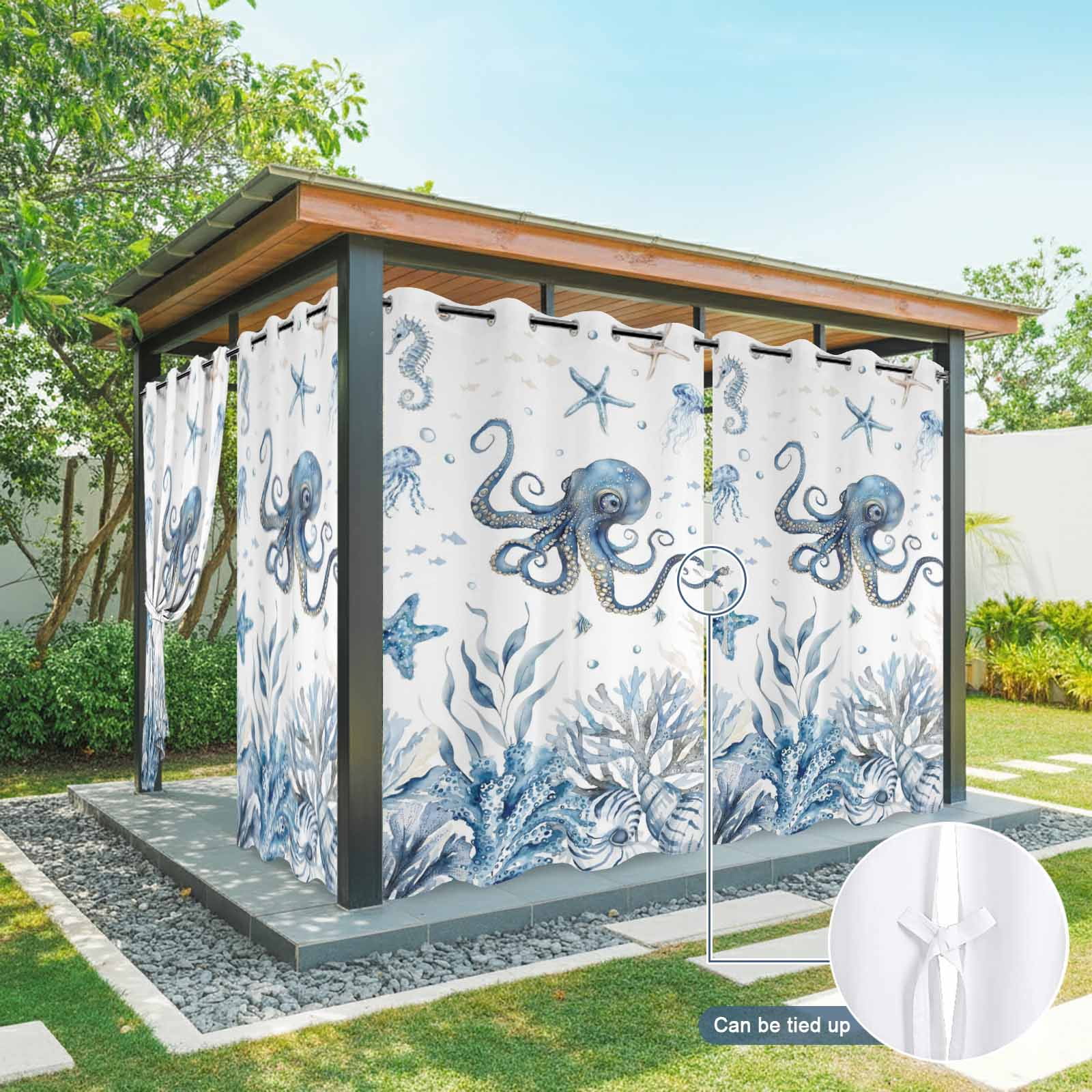 Marine Life Outdoor Curtains for Patio, Ocean Octopus Coral Sea Star Seashell Jellyfish Coastal Sunshade Privacy Drapes Grommet Waterproof Outside Curtains for Porch/Cabana/Balcony 54"x 108", 1 Panel