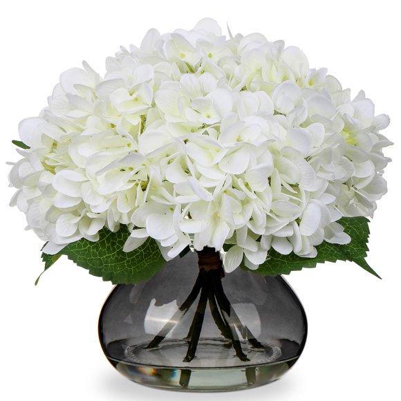 Flores artificiales Hollyone Hydrangea con jarrón de cristal, color blanco