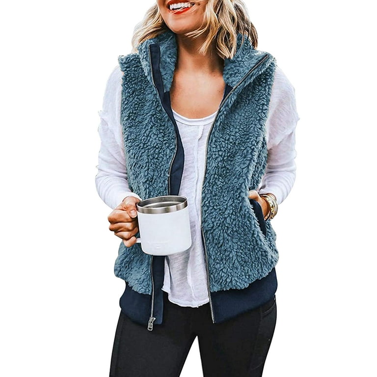 Frontwalk Sleeveless Fleece Jacket Womens Sleeveless Sherpa Vest with Pockets Lapel Open Front Fleece Cardigan Fuzzy Jacket Coat Women s Size Small