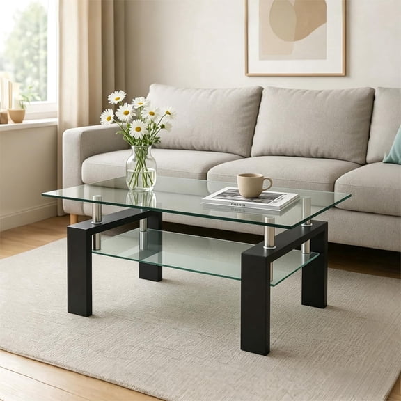Modern 2-Tier Tempered Glass Coffee Table, Rectangular Center Table with Black Legs & Storage Shelf, Clear Glass Cocktail Table for Living Room, Home Office, Apartment