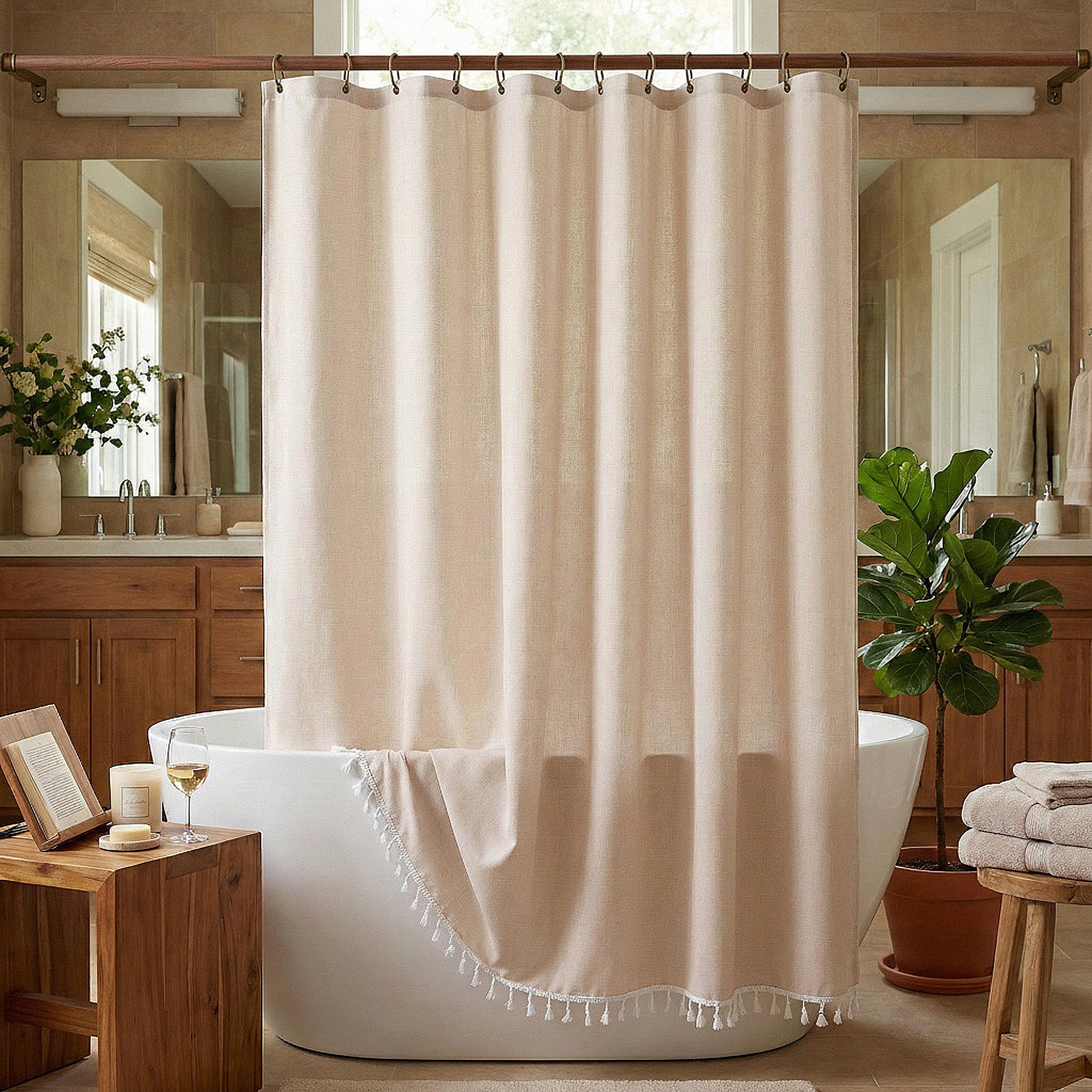 Unique Bargains Solid Trimmed Shower Curtain Sets with 12 Hooks Beige 71"W x 71"L