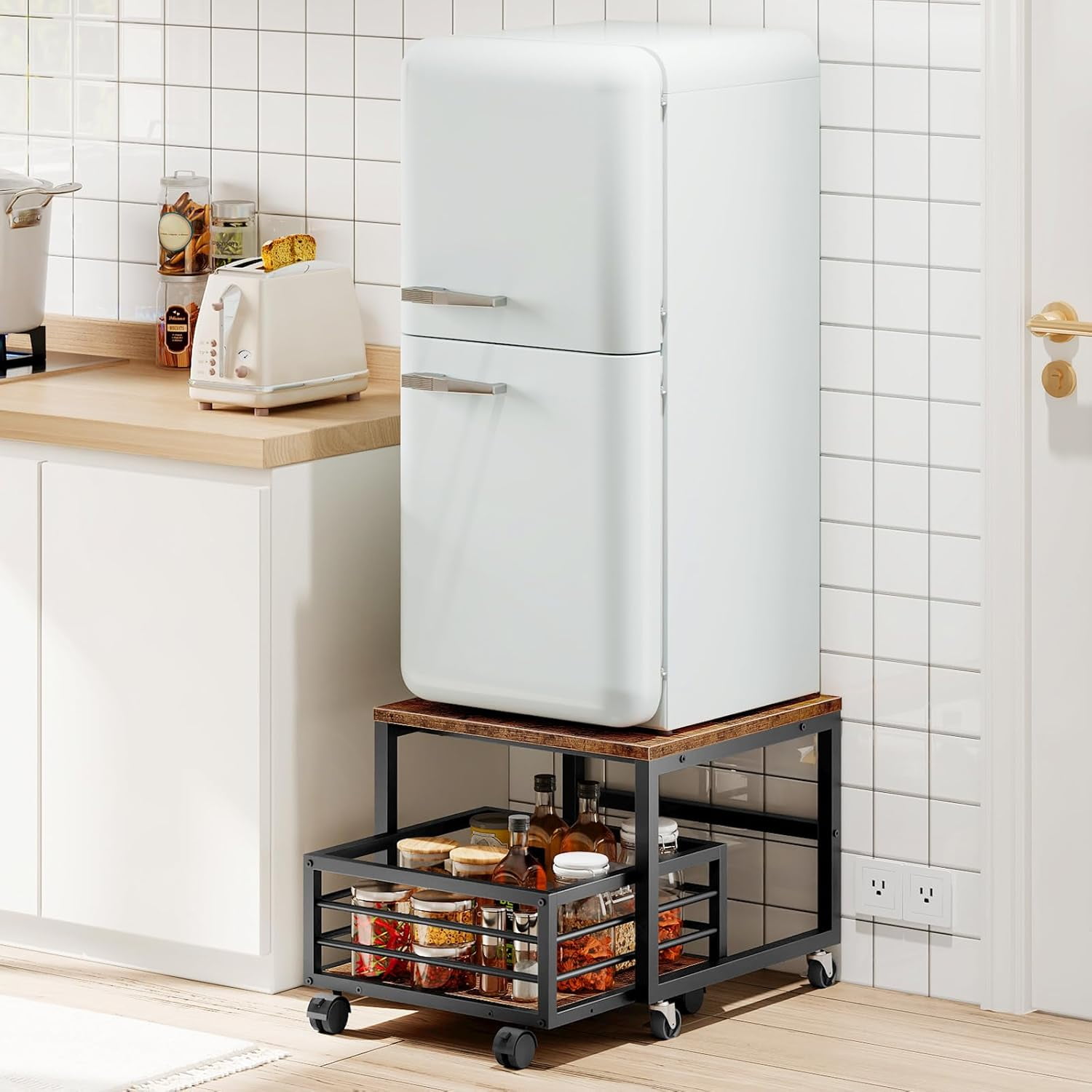 Mini Fridge Stand with Movable Storage Basket, Mini Fridge Cabinet with Wheels and Adjustable Feet, Sturdy Metal Frame, for Home, Apartment,Office, Dorm