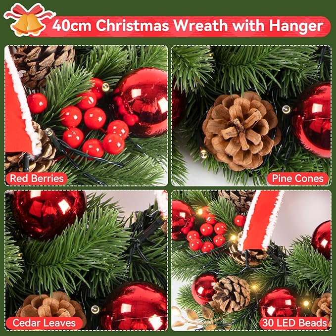 Qoosea 16-Inch Pre-Lit Christmas Wreath with LED Lights photo 2