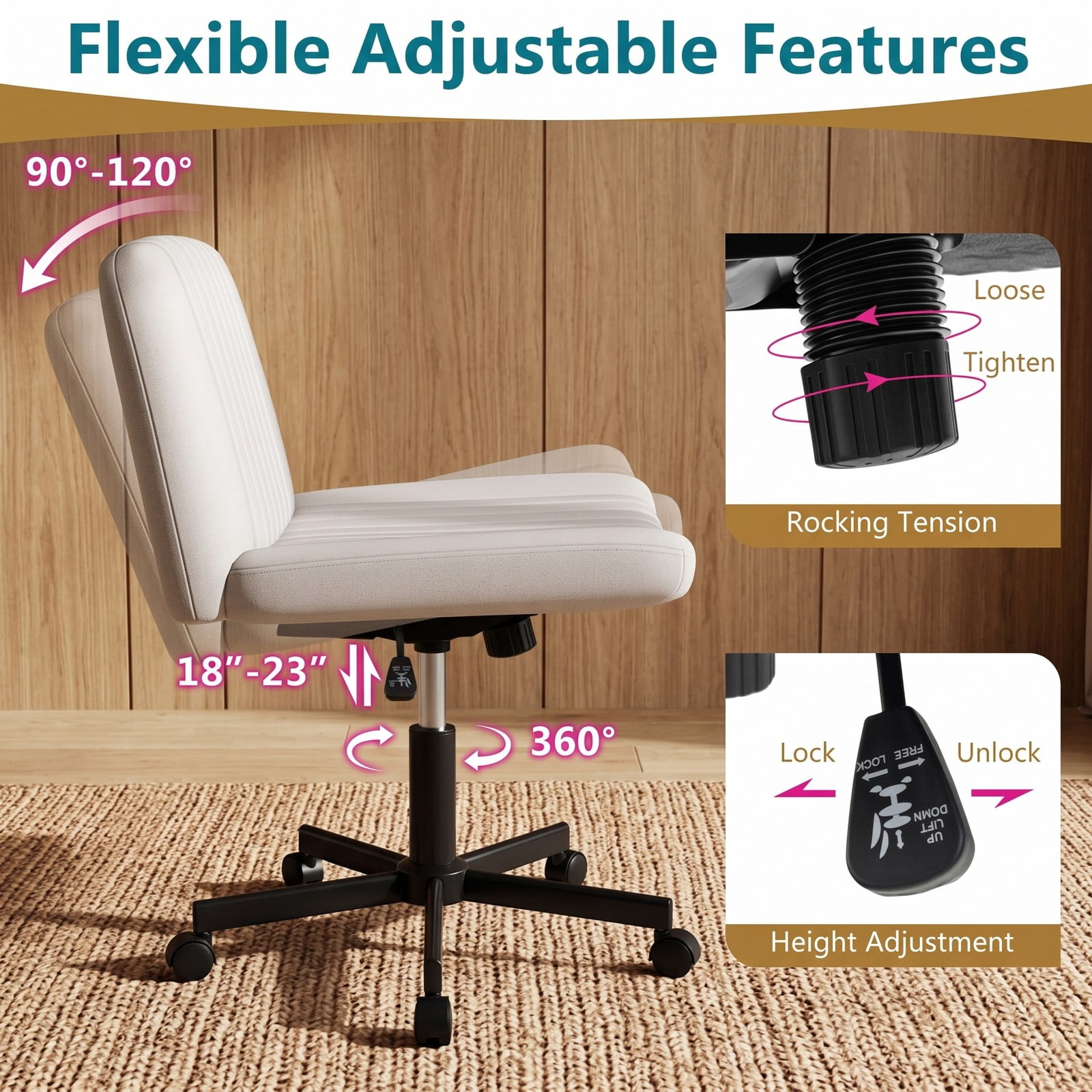 Furnibear Criss Cross Desk Chair with Wheels, Cross-Legged Swivel Home Office Task Chair, Height Adjustable Armless Rolling Computer Chair with Padded Wide, Beige