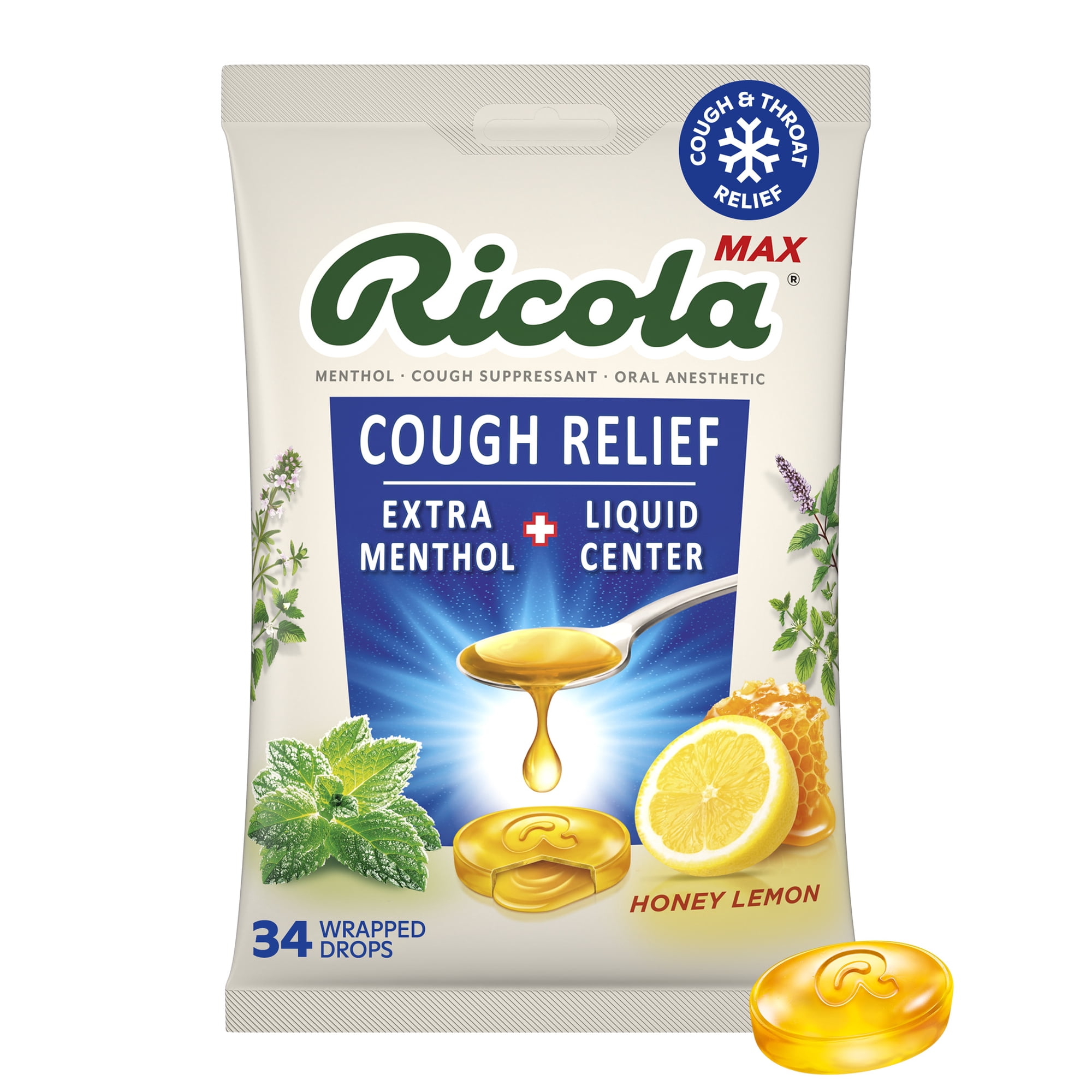 Ricola Max Throat Care Honey Lemon Cough Drops for Sore Throat + Cough Relief, 34 Count