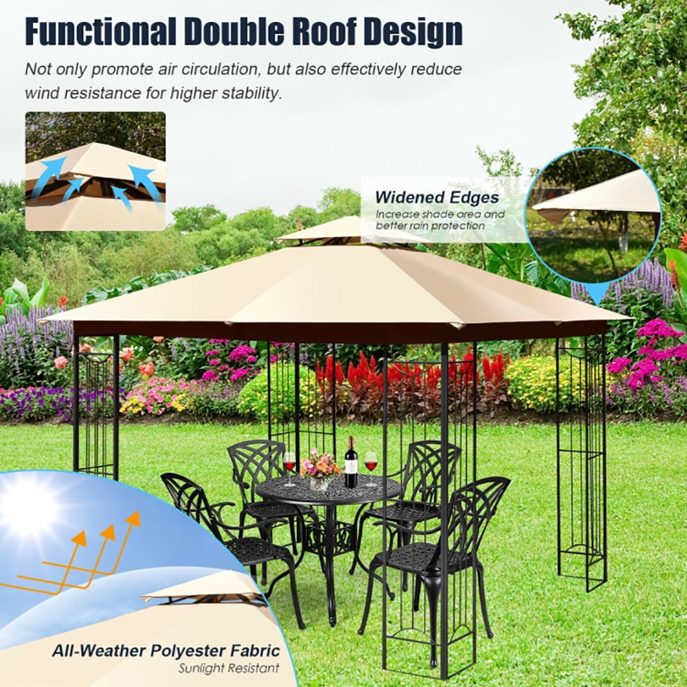 Aimee Lii 10 x 10 Feet L-Shaped Patio Canopy Gazebo Outdoor 2-Tier Steel Tent, Backyard Canopy Gazebo for Party Wedding BBQ Events, Beige