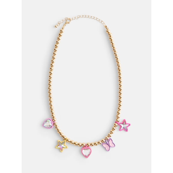 Wonder Nation Girls 1 Piece Stone Charm Necklace, Gold/Multi