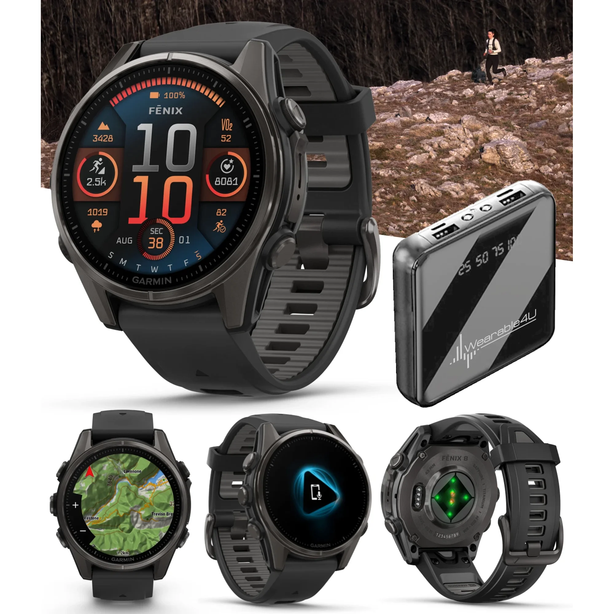 Garmin fenix 8 - 43 mm Sapphire, AMOLED, Carbon Gray DLC Titanium with Black/Pebble Gray Silicone GPS Smartwatch with Power Bank
