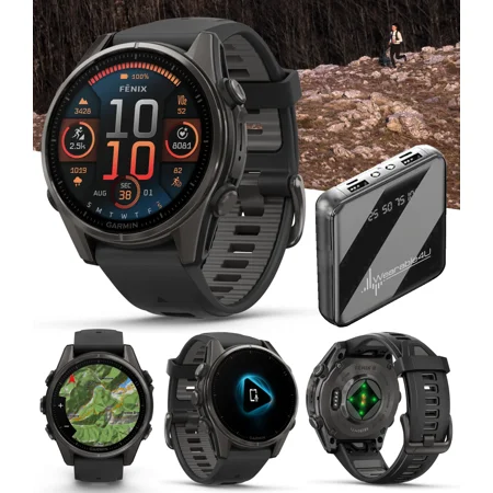 Garmin fenix 8 - 43 mm Sapphire, AMOLED, Carbon Gray DLC Titanium with Black/Pebble Gray Silicone GPS Smartwatch with Power Bank