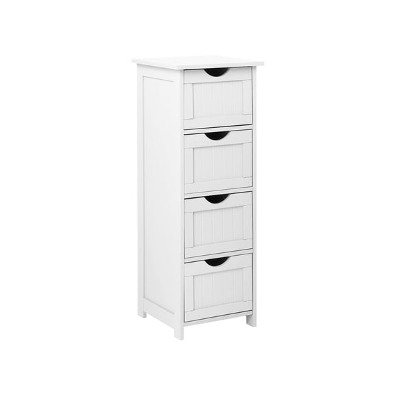 Thin Bathroom Floor Storage Cabinet, 12 Inch Wide Deep Small Organizer with 4 Drawers, Wooden Modern Free Standing Tower Unit for Living Room, Bathroom, White