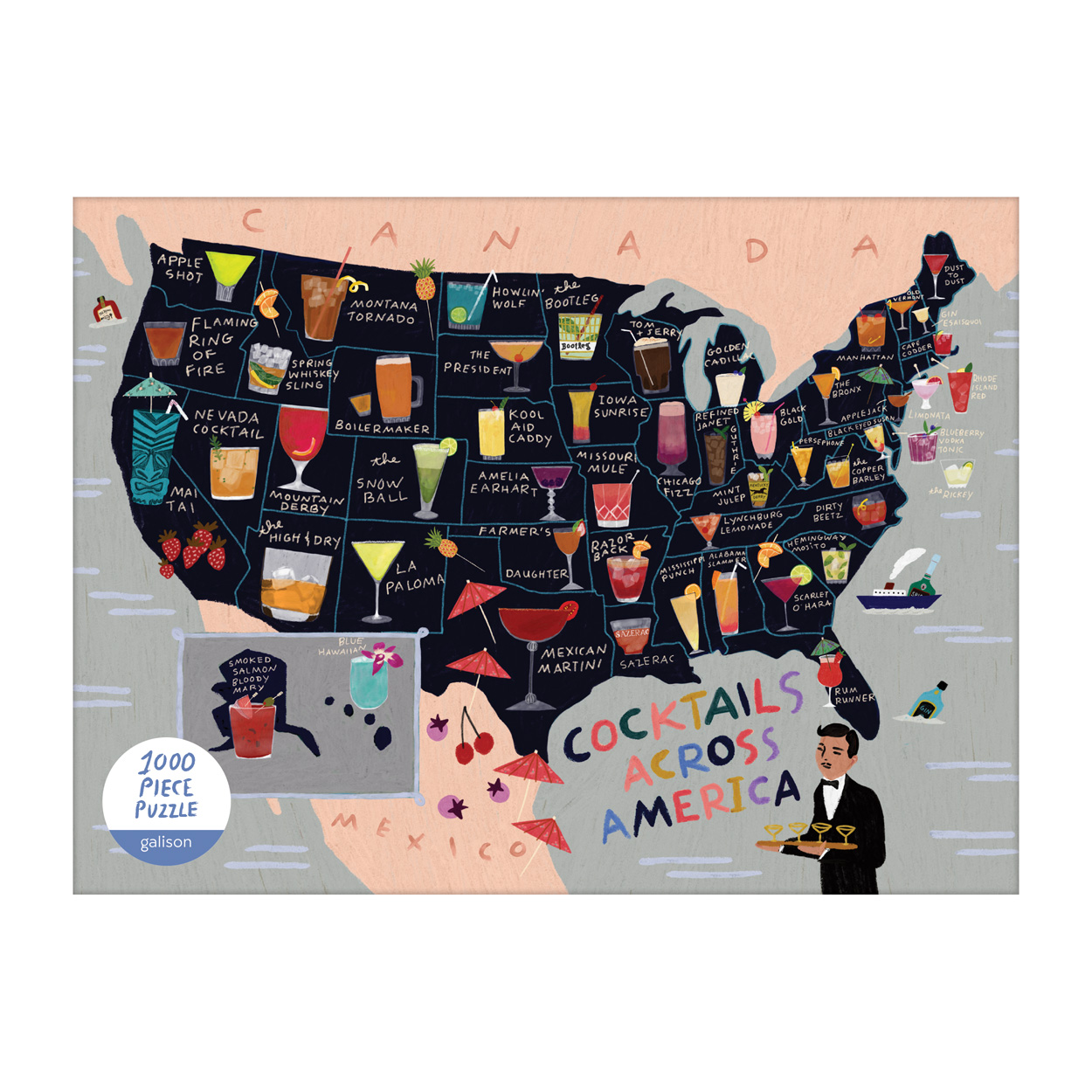 Galison - Cocktail Map of the Usa - 1000 Piece Jigsaw Puzzle