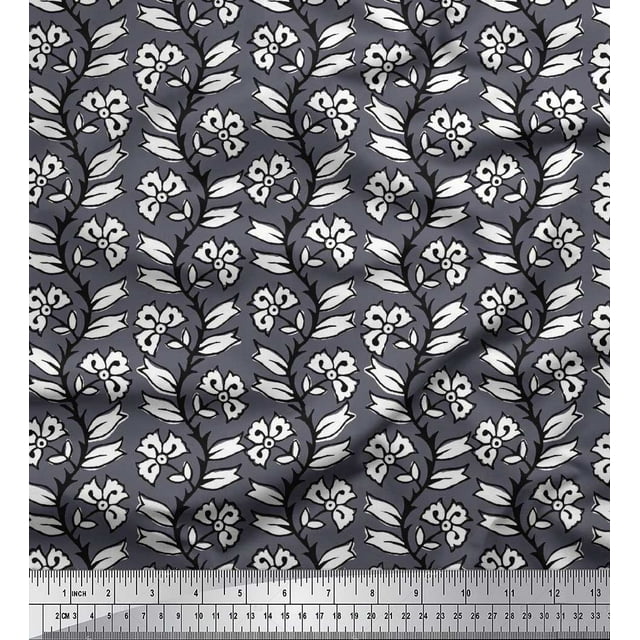 Soimoi Cotton Voile Fabric Leaves & Floral Block Decor Fabric Printed Yard 56 Inch Wide