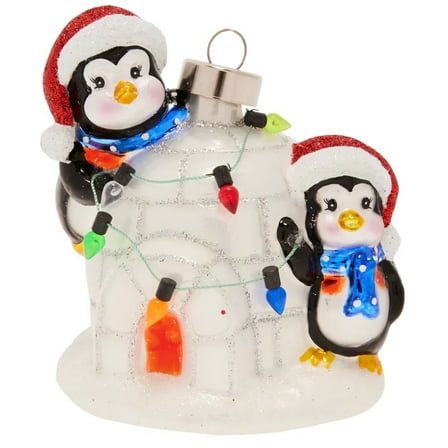 K A 3.75" Igloo Penguin Pals Glass Christmas Ornament