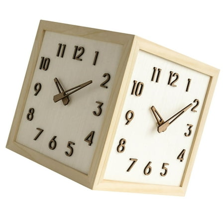 CoudarTitie 23x23cm Double Sided Corner Wall Clock Solid Wood Punch-Free Silent Movement for Light Brown Frame