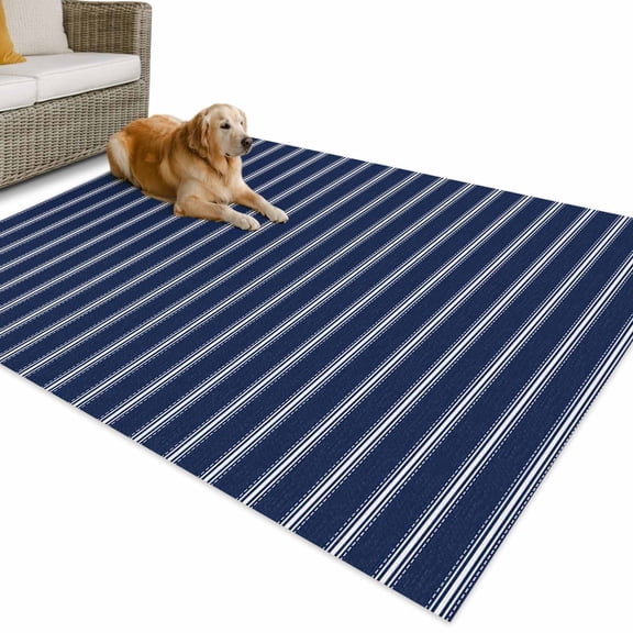 Outdoor Rug 6x9 ft Navy Blue Vintage Striped Waterproof Outdoor Patio Rug Mat Non Slip Outside Area Rugs Carpet for RV,Camping,Porch,Deck,Pool,Balconybackyard,Abstract Modern Geometric Art