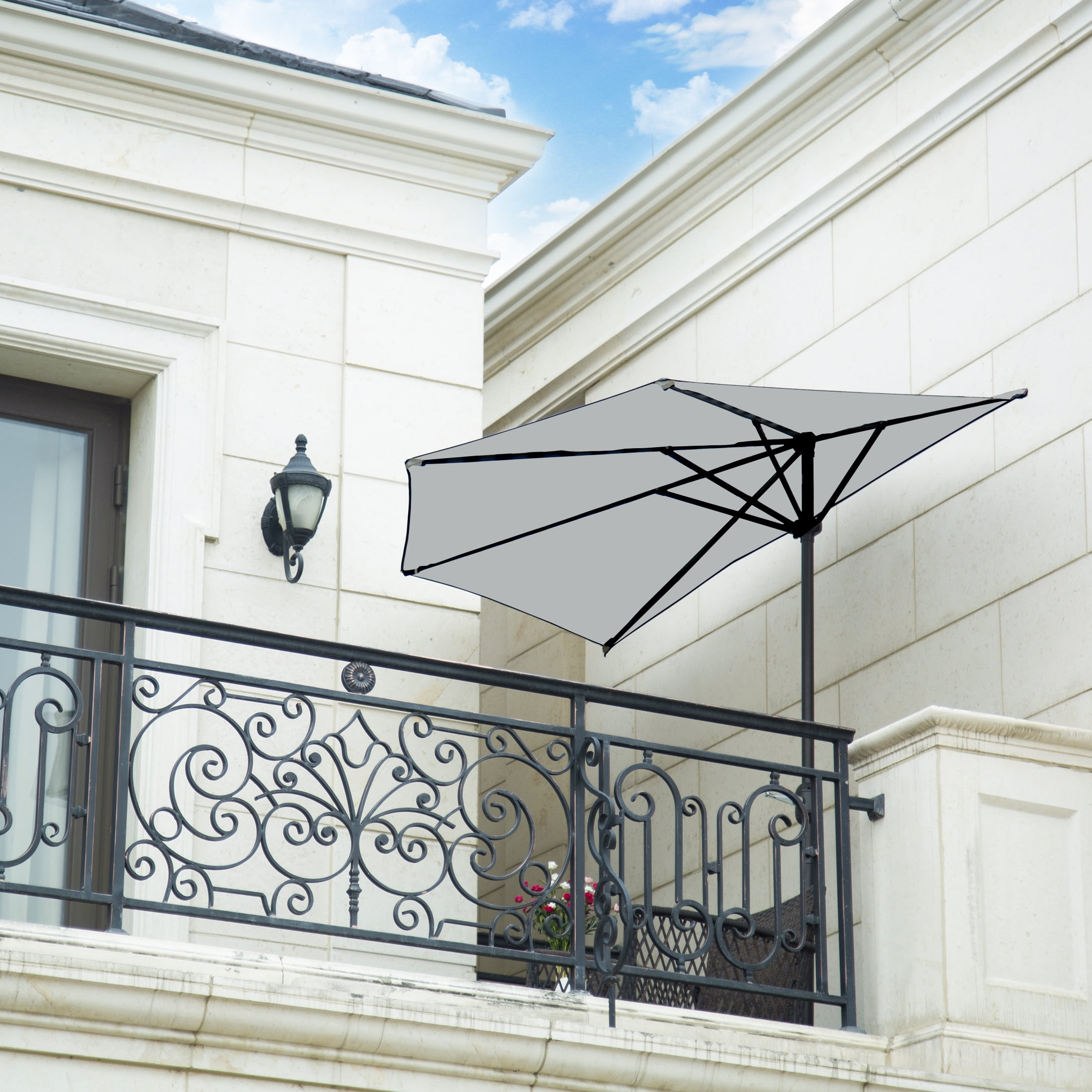 WestinTrends Lanai 9 Ft Outdoor Patio Half Umbrella with Base Include, Small Grill Deck Porch Balcony Shade Umbrella with Crank, 20 Lbs Half Round Base, Gray