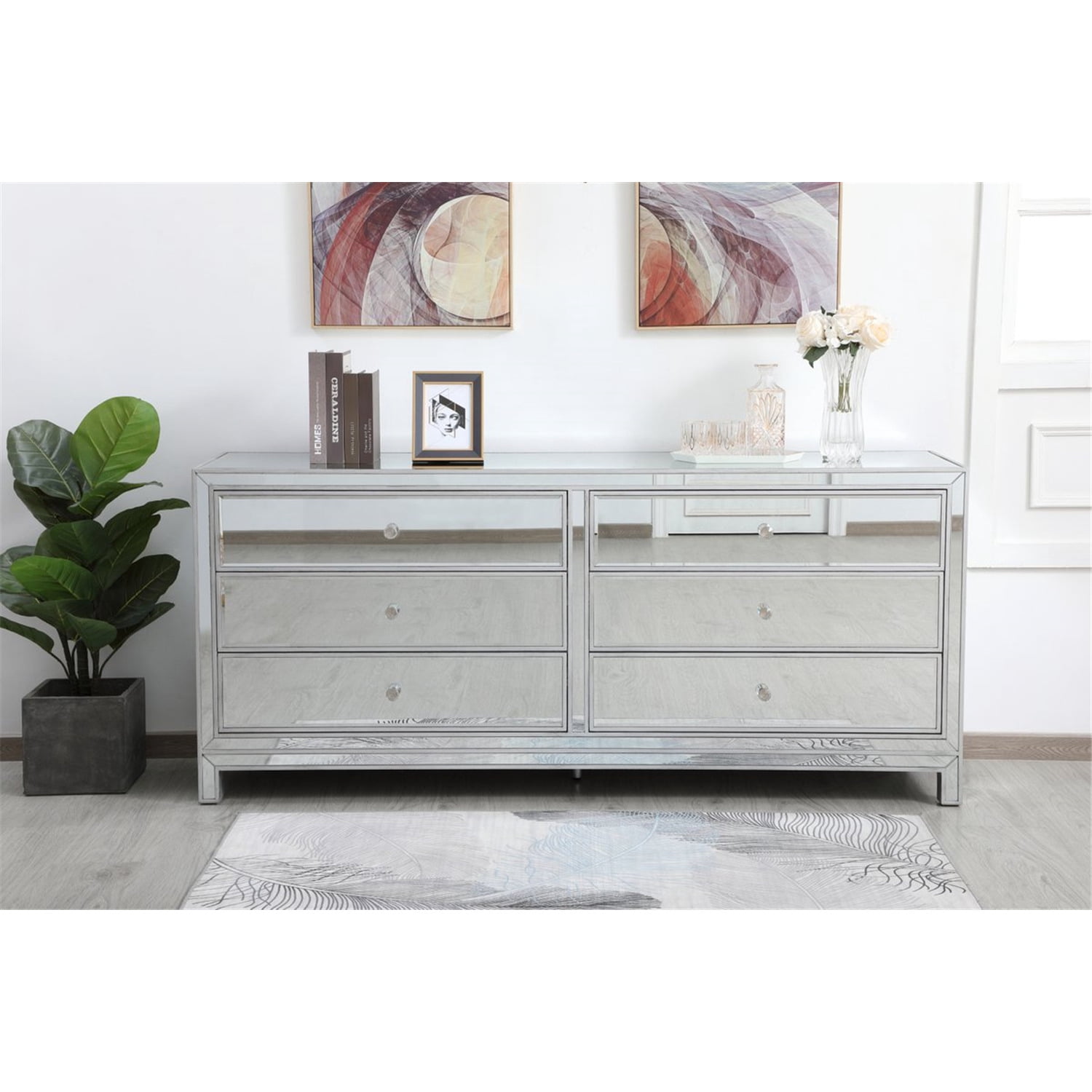 Elegant Decor Reflexion 72" Metal and MDF Mirrored Six-Drawer Dresser in Silver