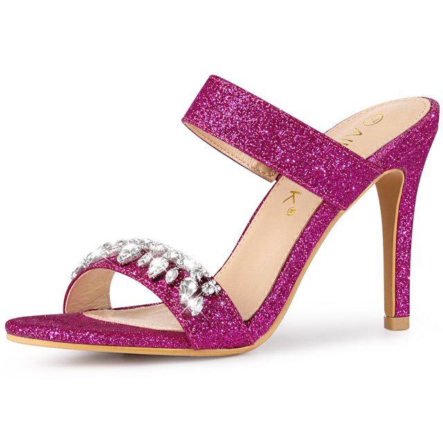 Sandalias de Tacón de Aguja Diamante de Imitación Brillantina Allegra K Rosa Caliente 40