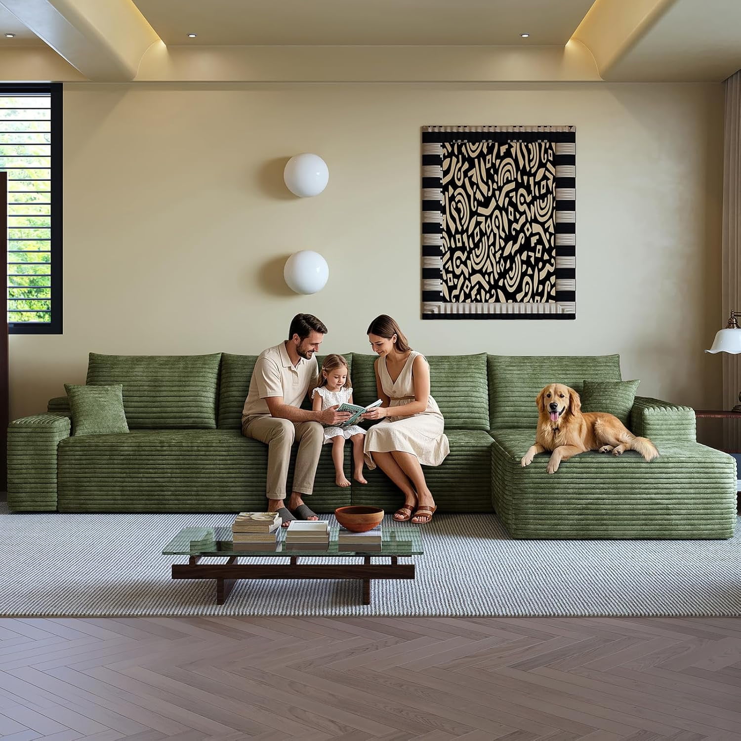 Sailvan 135" Cloud Sectional Couch, Cloudy Sofa with L-Shape Chaise, Upholstered Couches for Living Room & Bedroom, No Assembly Required, Plush Corduroy Fabric, Green