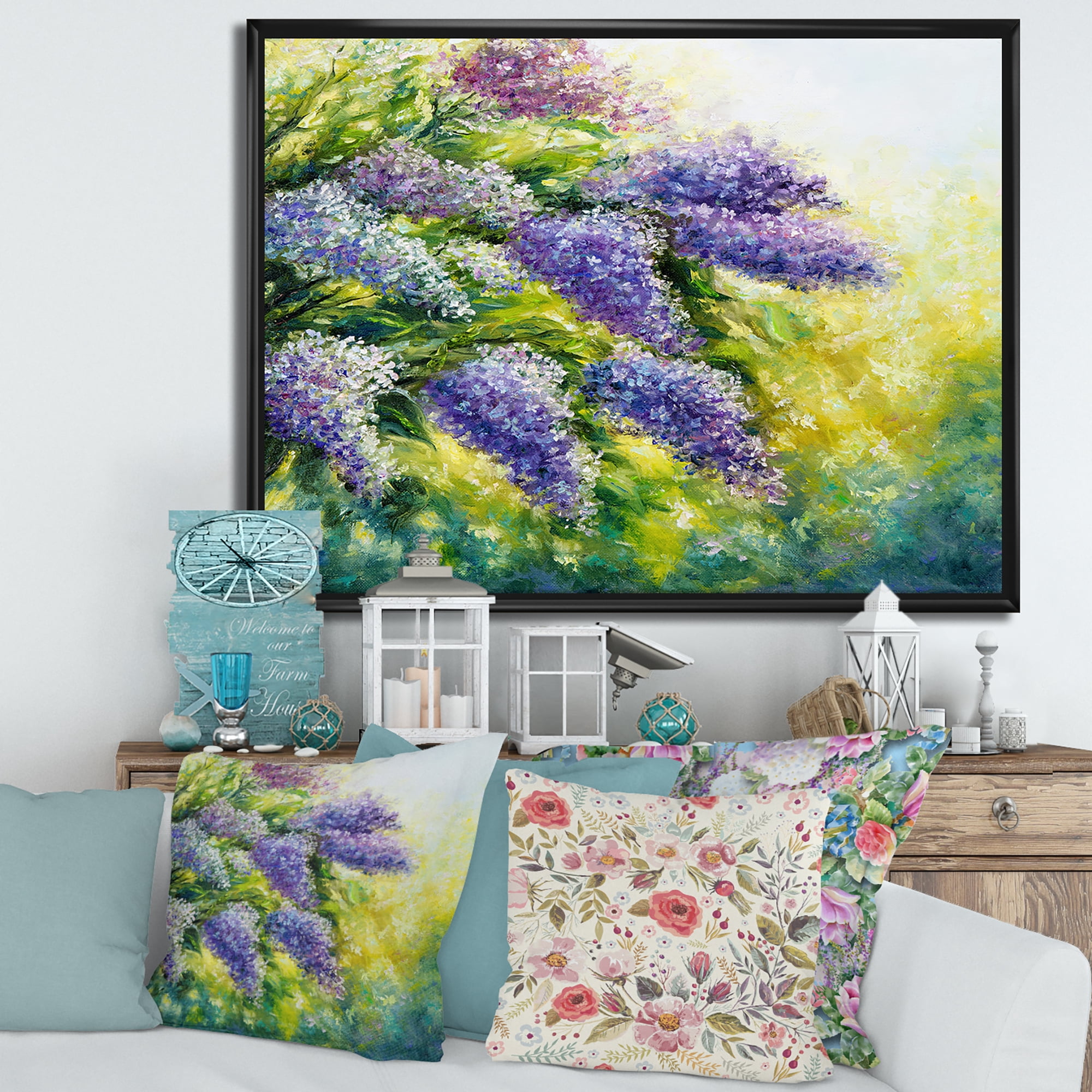 Impressionism Lilac Tree In The Garden 32 in x 24 in Framed Painting Canvas Art Print, by Designart
