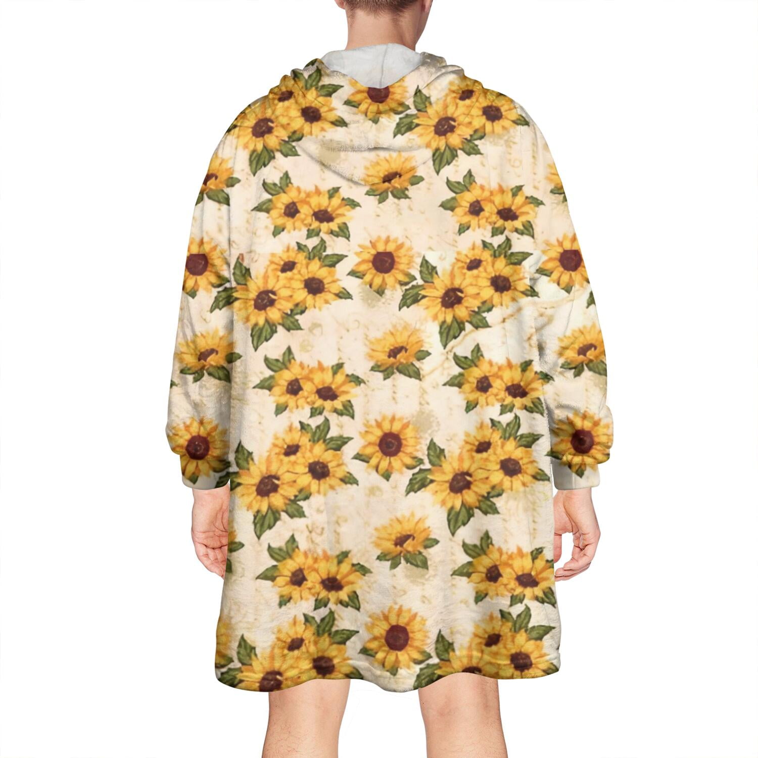 Beige Sunflower Cluster Pattern Wearable Oversized Blanket,Wearable Blanket Hoodie for Adults,Cozy Hooded Blankets with Super Pockets,Super Warm Fuzzy Pullover for Women & Men